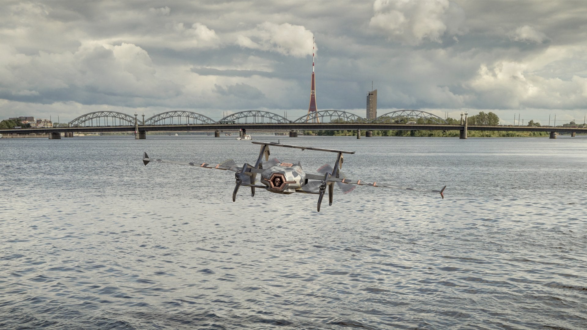DARTZ PromDrone Black Bee flying low over the Daugava in Riga