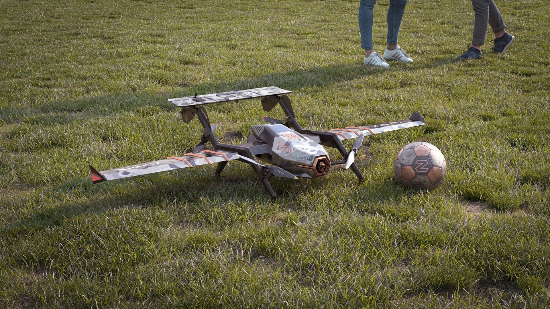 DARTZ PromDrone Black Bee resting on grass beside a football