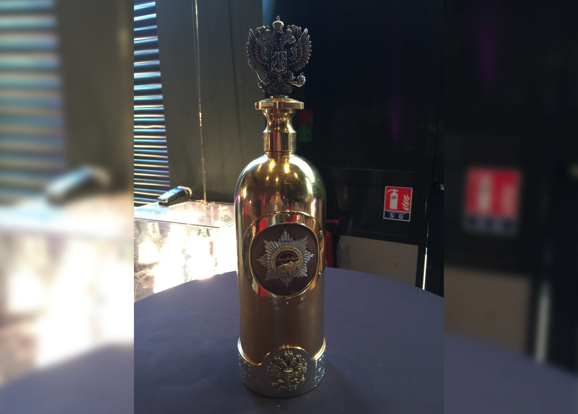 Gold DARTZ RussoBaltique vodka bottle on show at the Cannes Film Festival Auction 2015, Hôtel Barrière Le Majestic