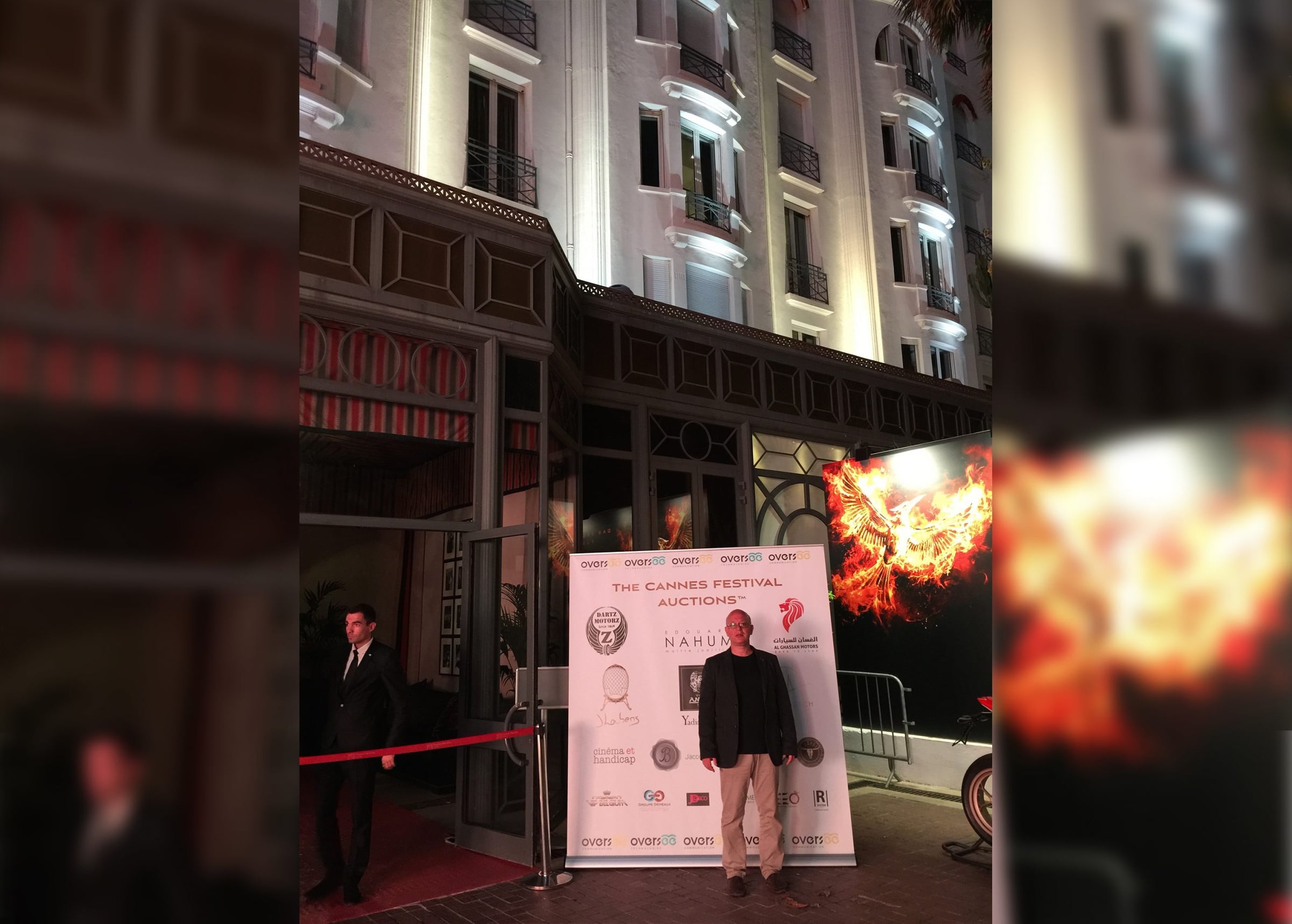 Press wall and red carpet outside the hotel at night at the Cannes Film Festival Auction 2015, Hôtel Barrière Le Majestic