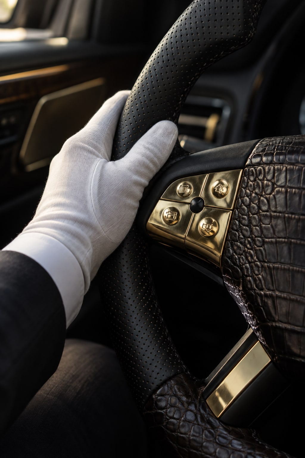 A chauffeur’s white-gloved hand on a DARTZ steering wheel trimmed in crocodile leather, with gold controls