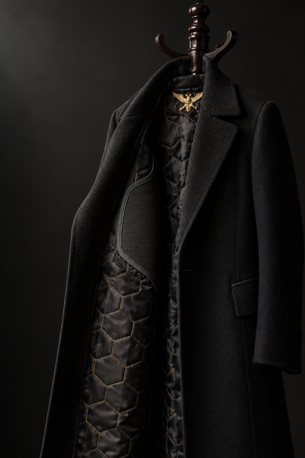 Armoured cashmere overcoat with hexagon-quilted lining