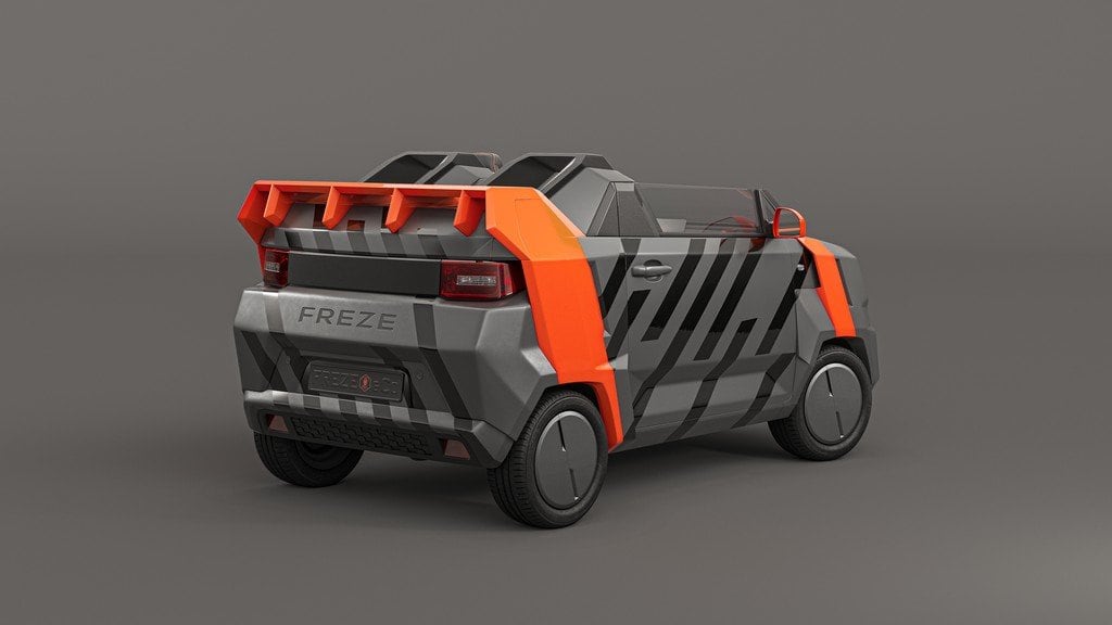 FreZe EV roadster, rear three-quarter view with FREZE lettering
