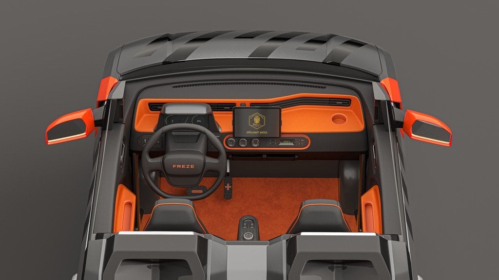 FreZe EV roadster dashboard and orange cabin from above the bonnet