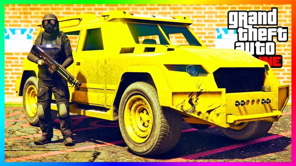 Yellow HVY Nightshark with an armed soldier, Grand Theft Auto Online artwork