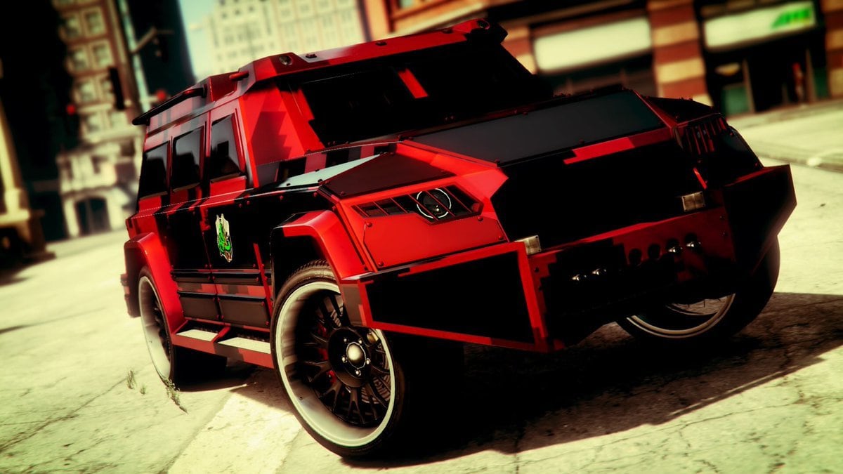 Red and black HVY Nightshark on a city street in GTA Online