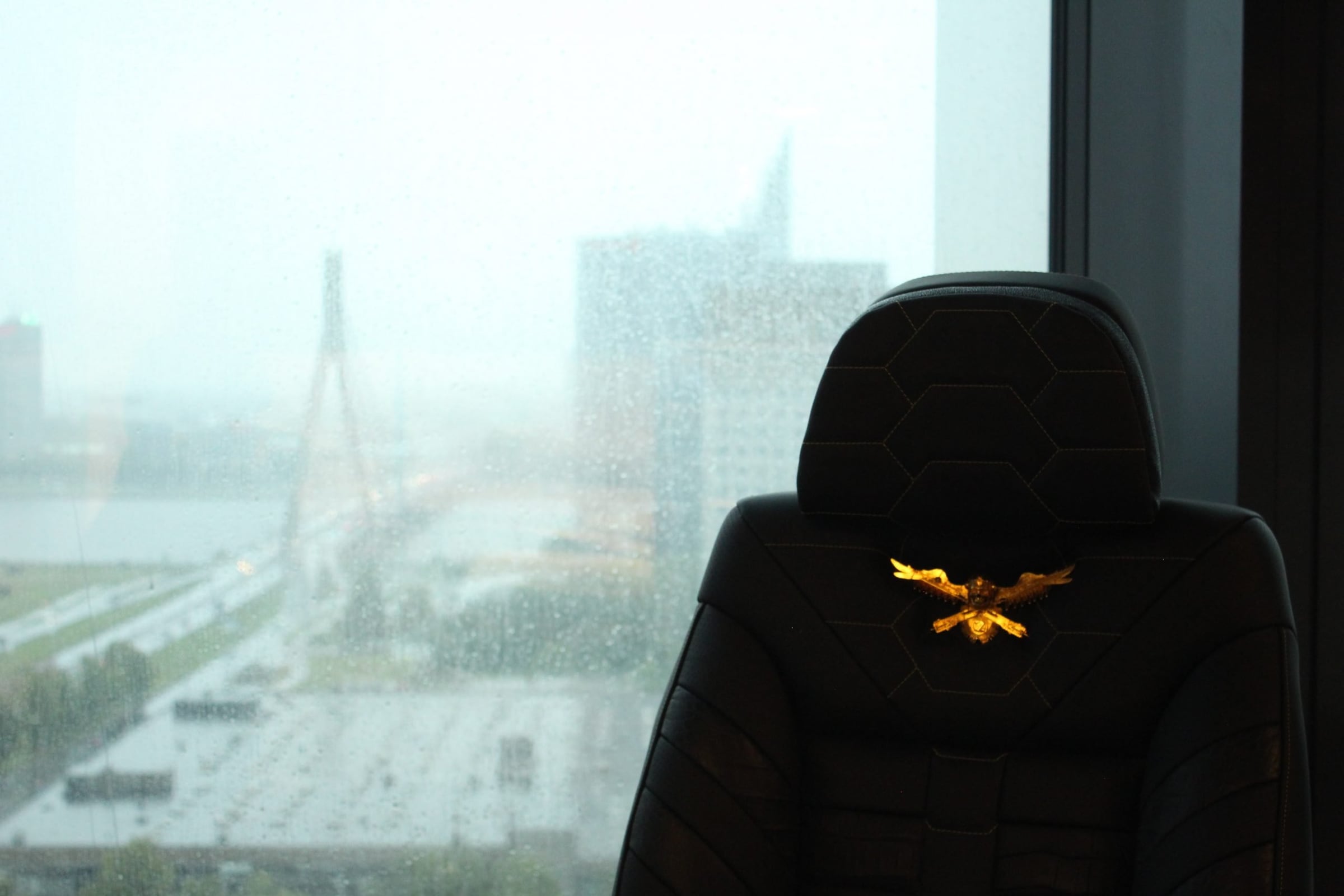 Black leather DARTZ seat with a gold eagle crest, Riga beyond the window