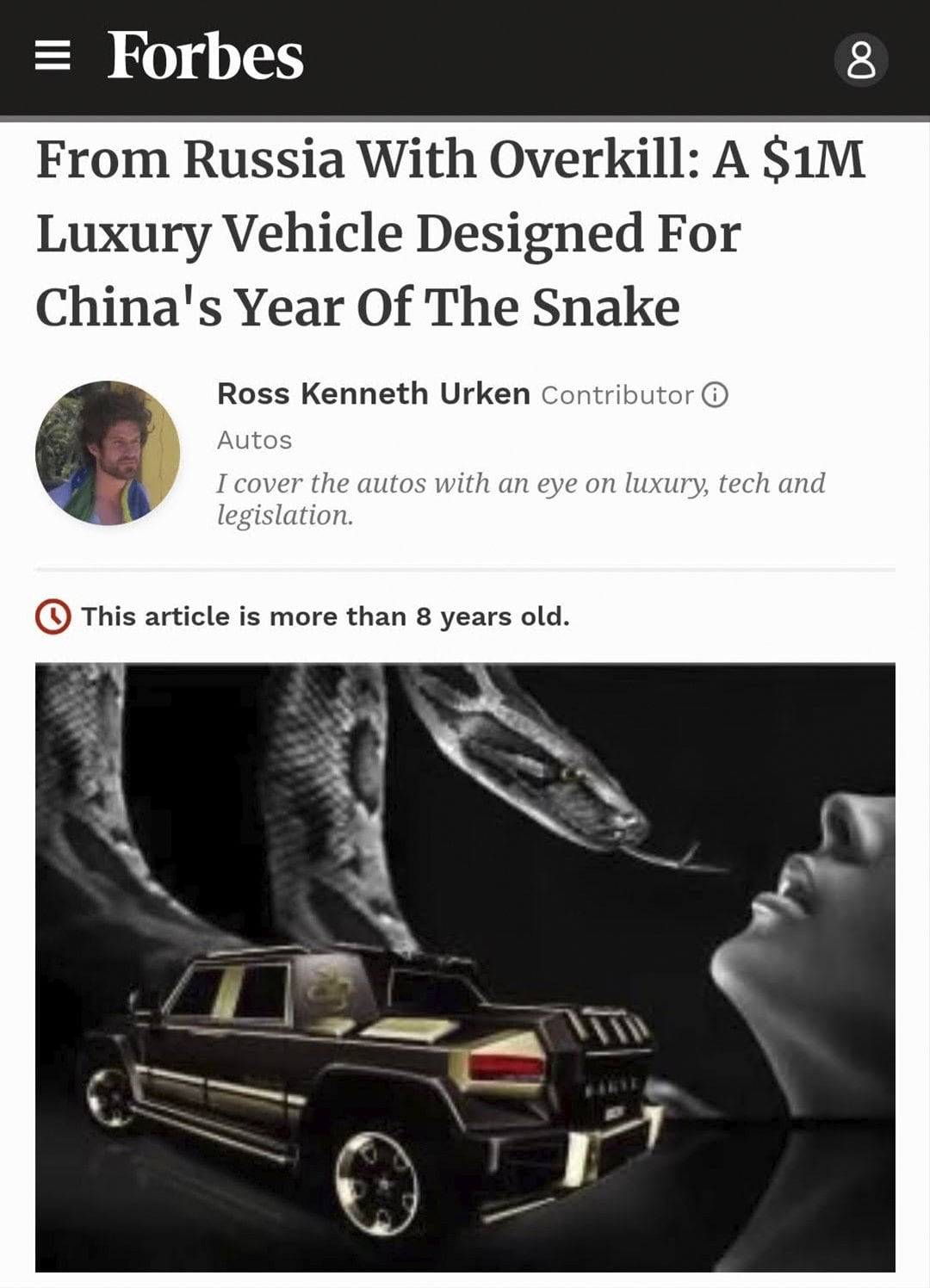 Forbes article on a $1 million DARTZ built for China’s Year of the Snake