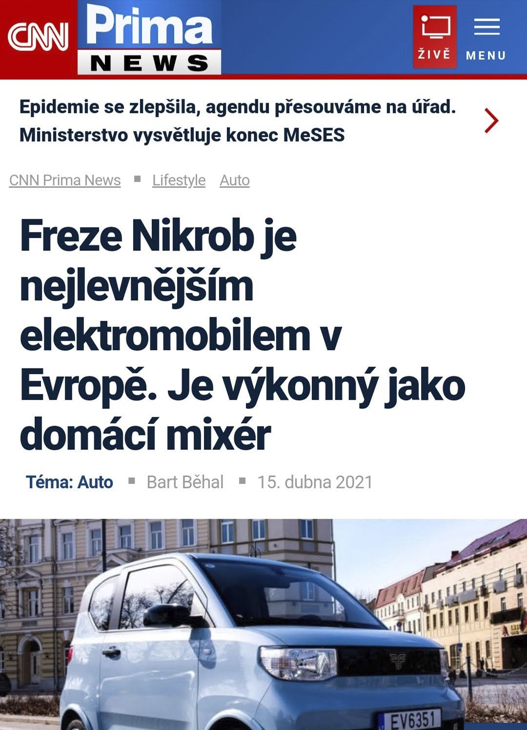 CNN Prima News article on the FreZe Nikrob, Europe’s cheapest electric car