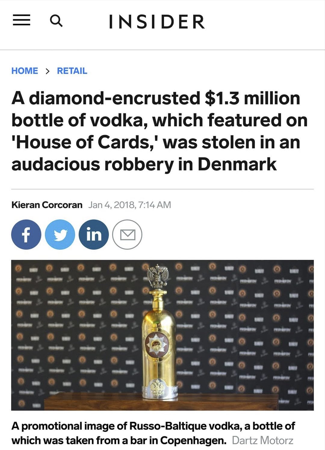 Insider article with a promotional image of the stolen RussoBaltique vodka
