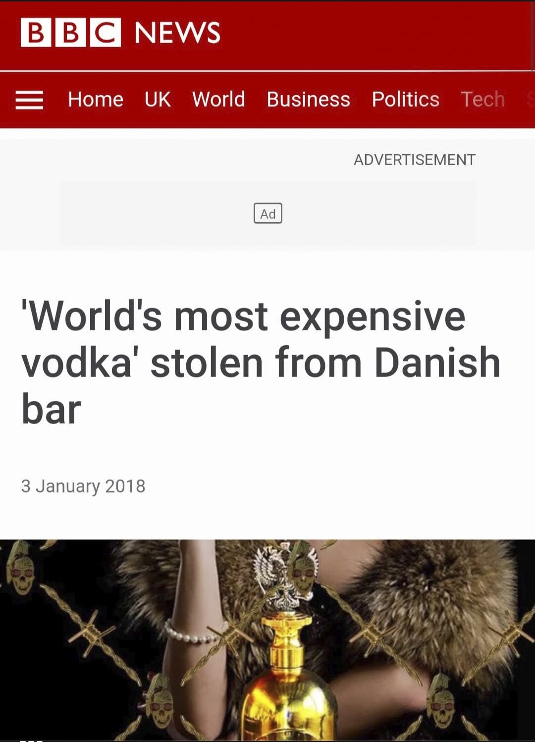 BBC News: world’s most expensive vodka stolen from a Danish bar, 2018
