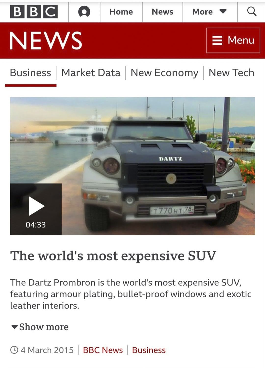 BBC News video on the DARTZ Prombron’, the world’s most expensive SUV, 2015