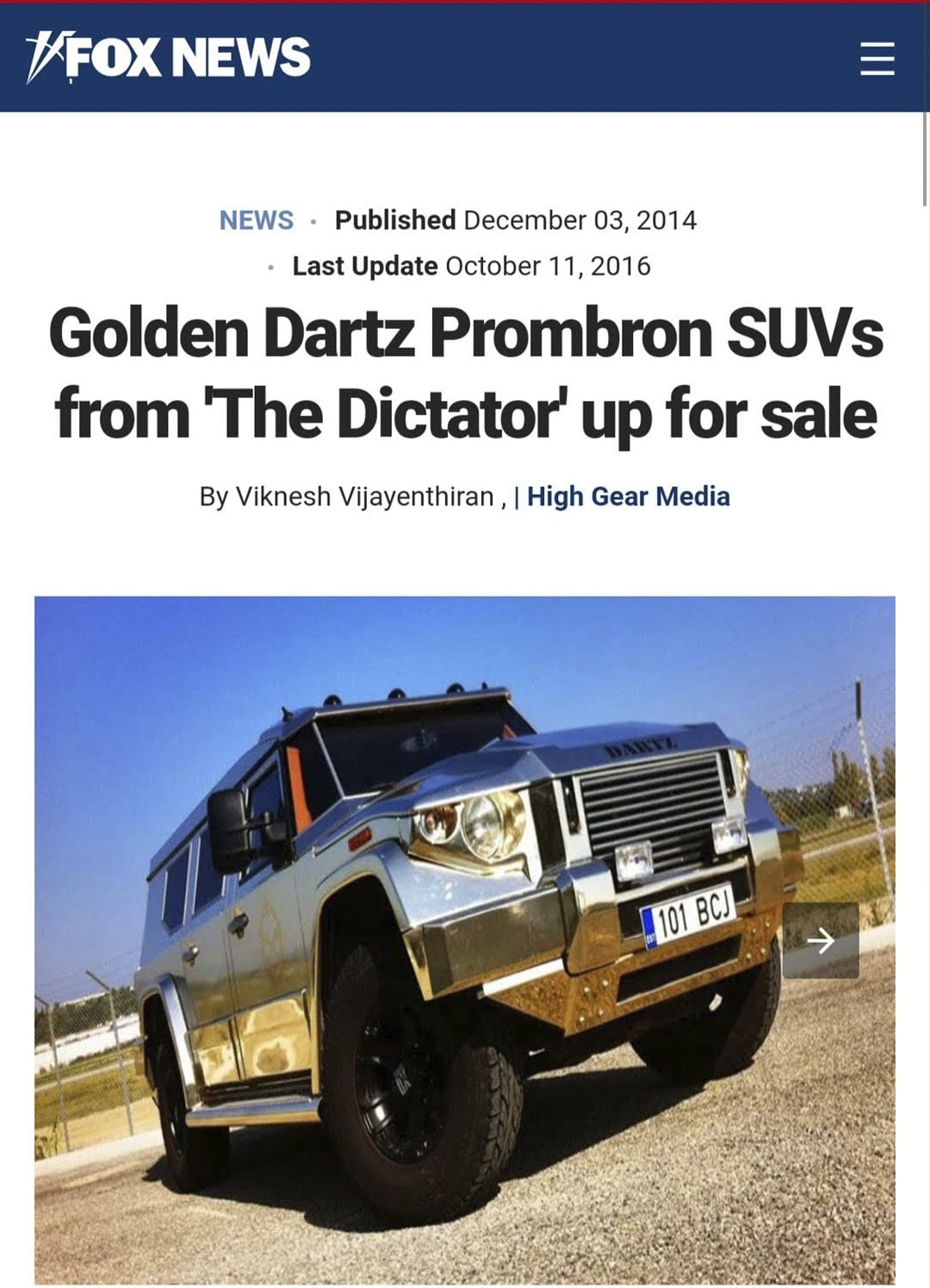 Fox News: golden DARTZ Prombron’ SUVs from The Dictator up for sale
