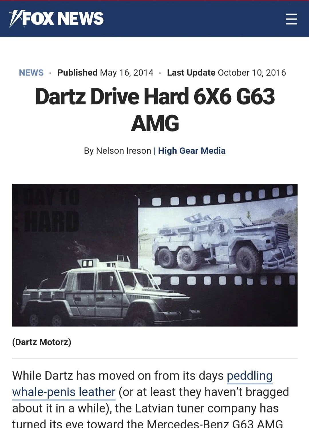 Fox News article on the DARTZ Drive Hard 6x6 G63 AMG