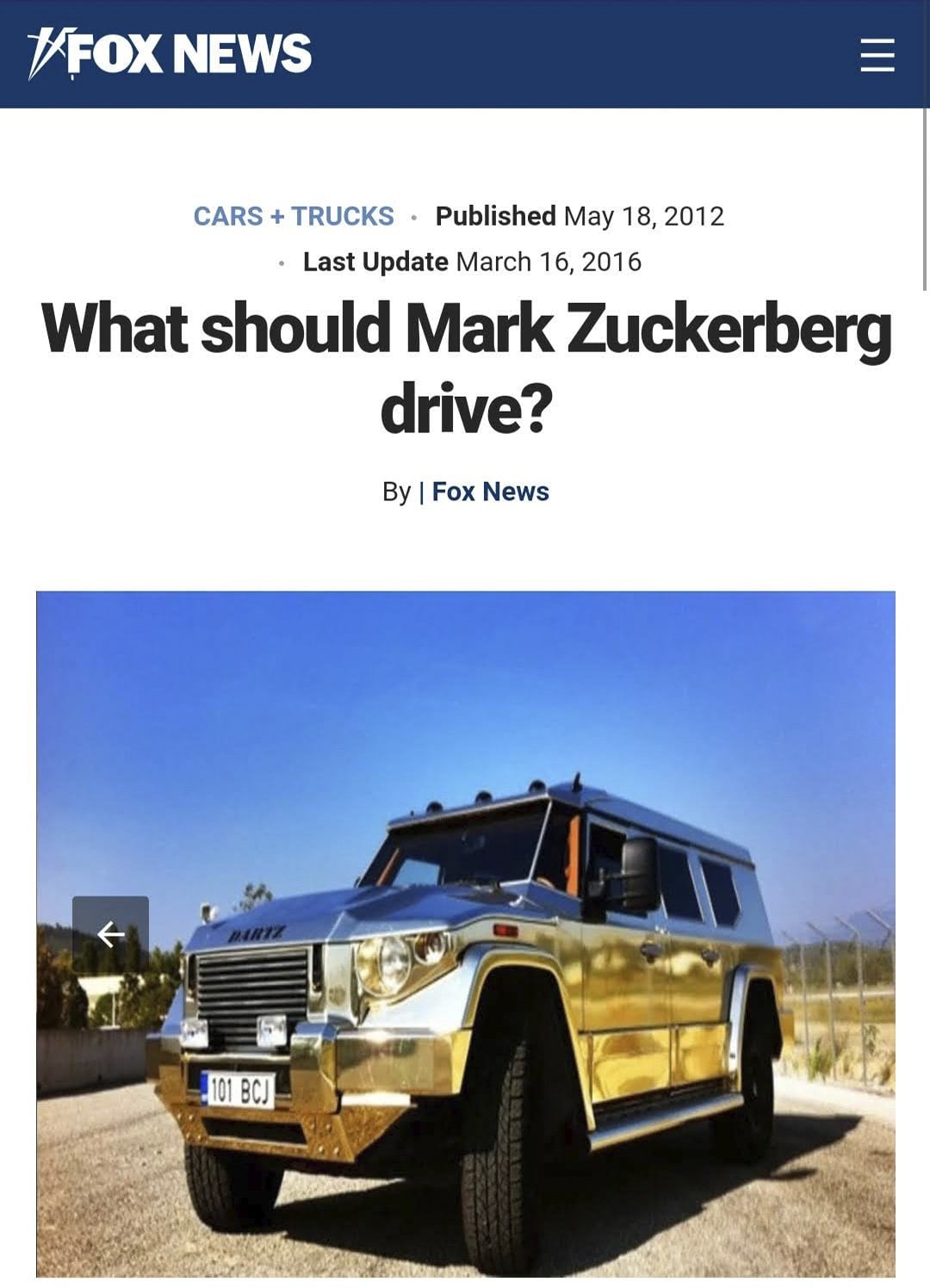 Fox News “What should Mark Zuckerberg drive?”, with a gold DARTZ Prombron’