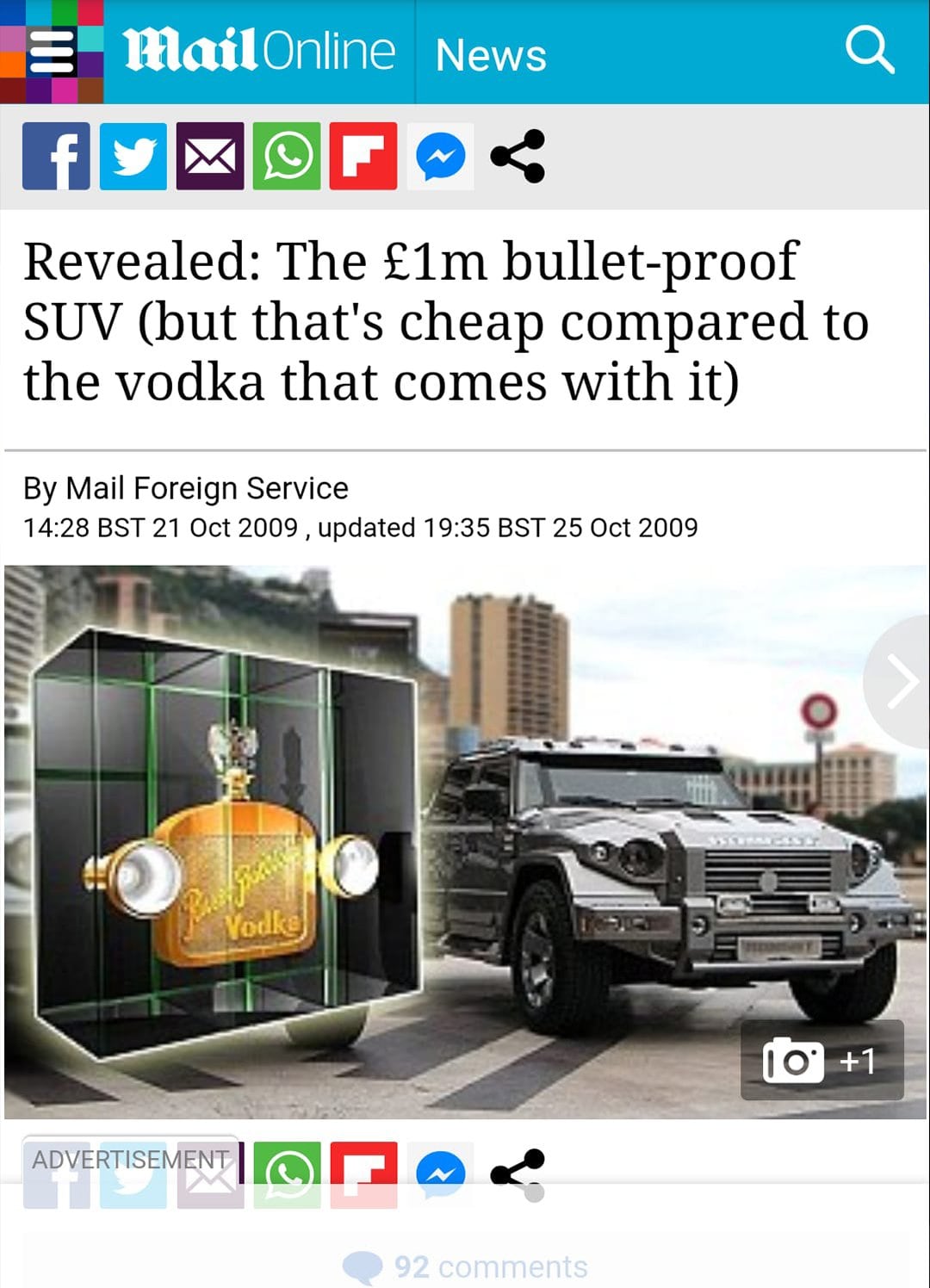 Mail Online article on the £1m bulletproof DARTZ SUV and its vodka