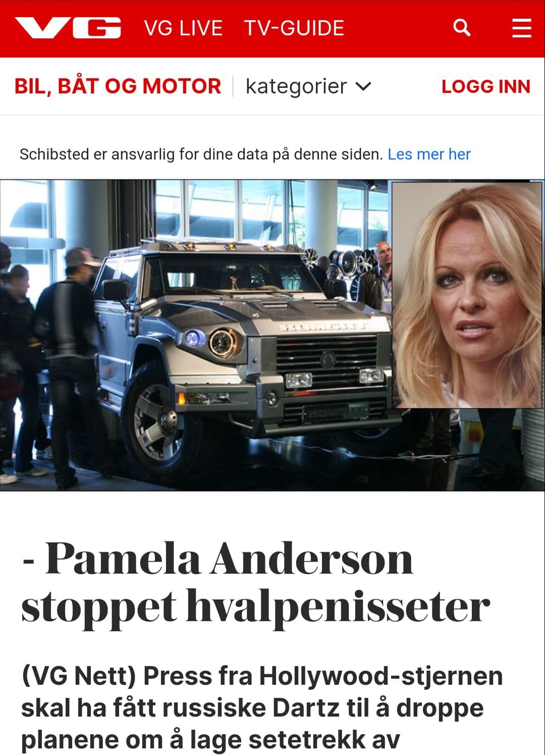 VG Norway article on Pamela Anderson and the DARTZ Prombron’