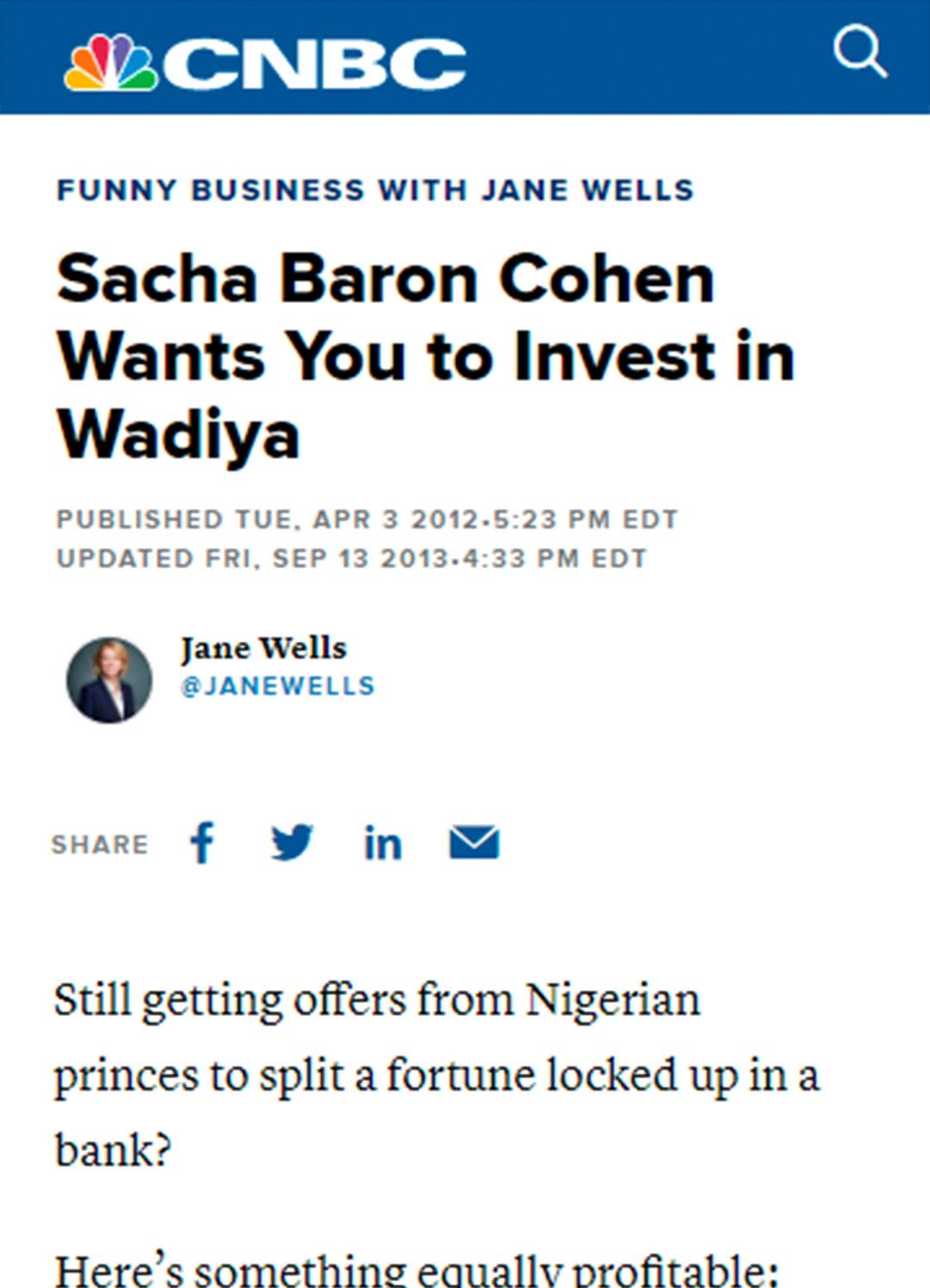 CNBC “Sacha Baron Cohen wants you to invest in Wadiya”