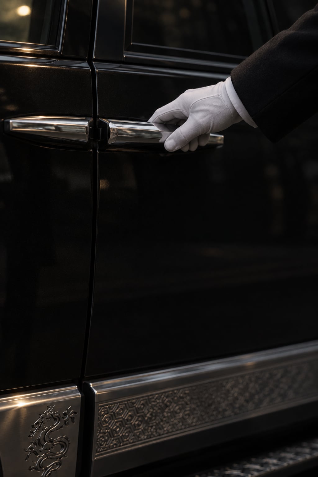 A chauffeur’s white glove on the coach-door handle of the Black Dragon CLV