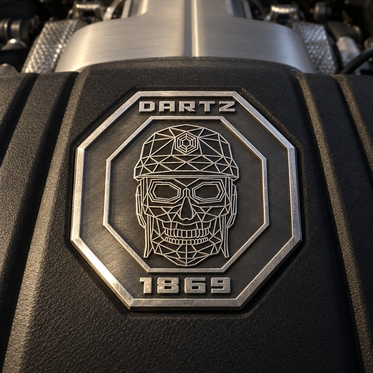 The DARTZ skull crest, cast with its 1869 date, on the Black Dragon’s engine cover