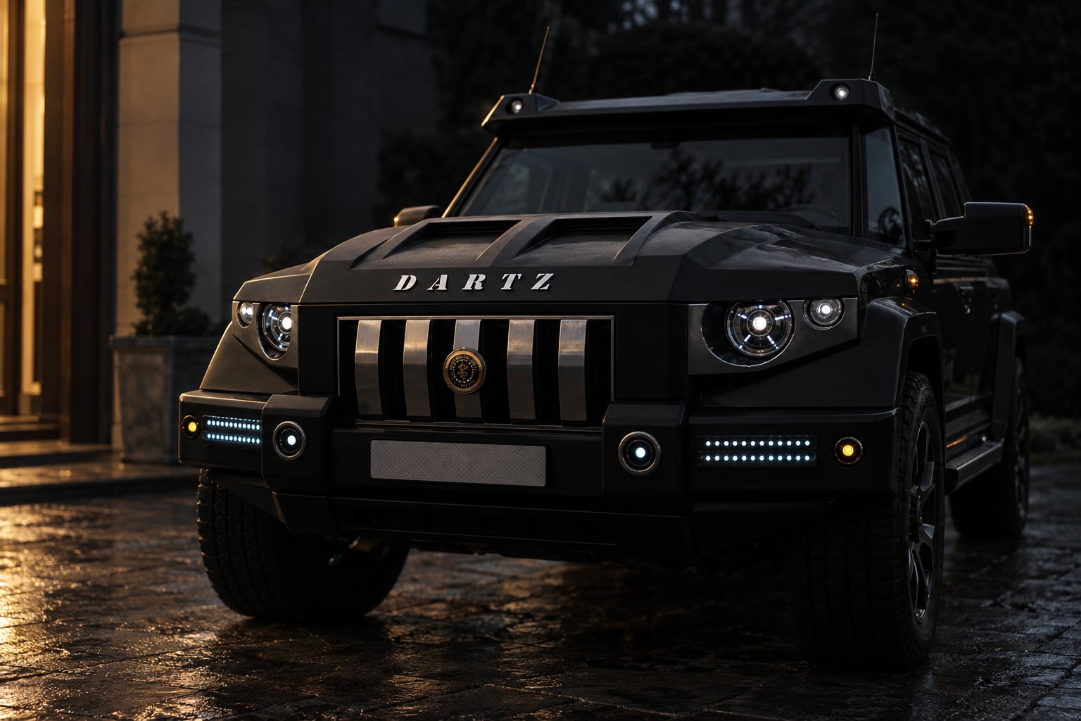 DARTZ Prombron’ Black Dragon CLV at dusk, lit from an open doorway