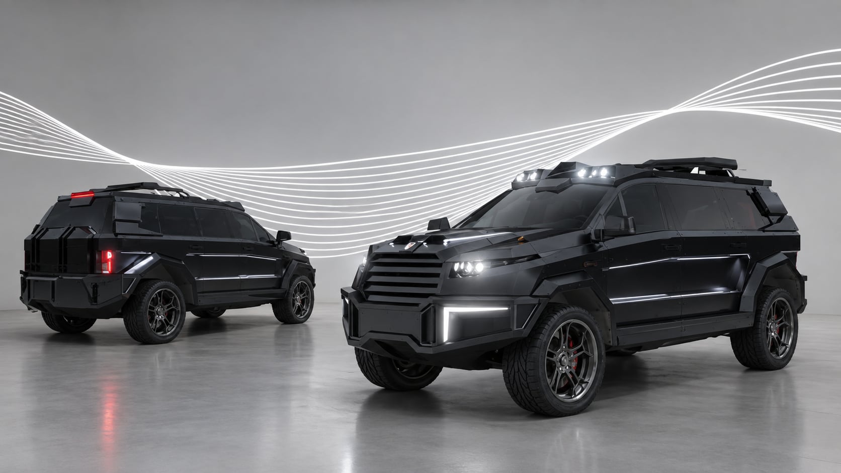 Two DARTZ Prombron' Black Shark SUVs in a studio, front and rear three-quarter