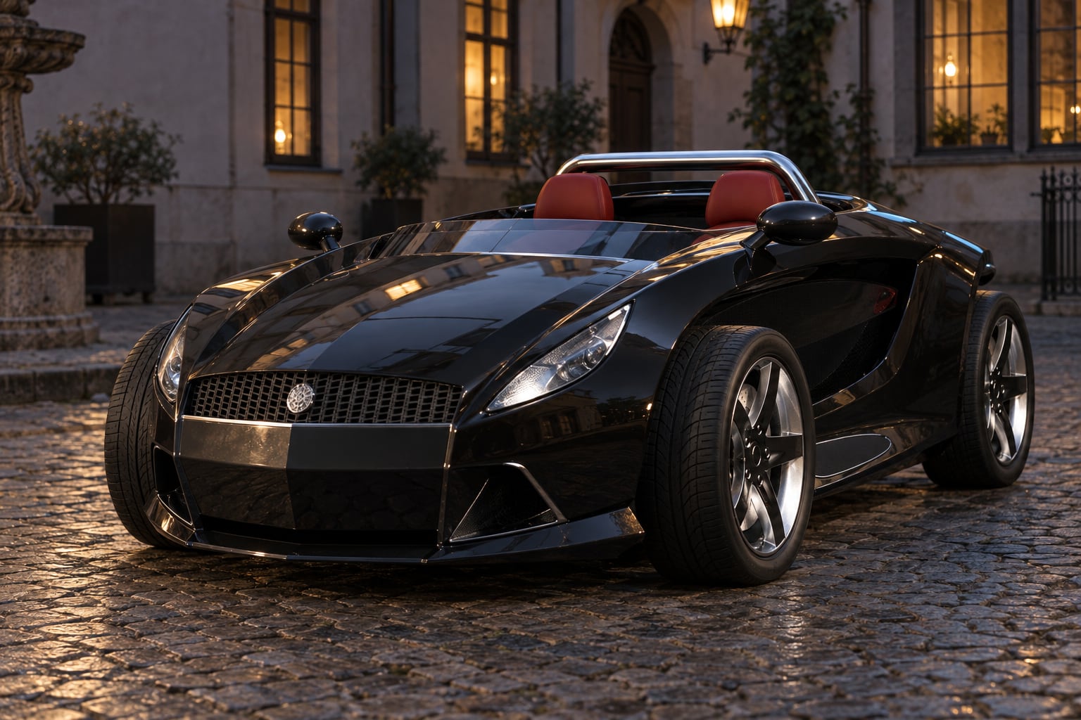 DARTZ Jo-Mojo roadster in black with red seats, in a Riga courtyard at dusk