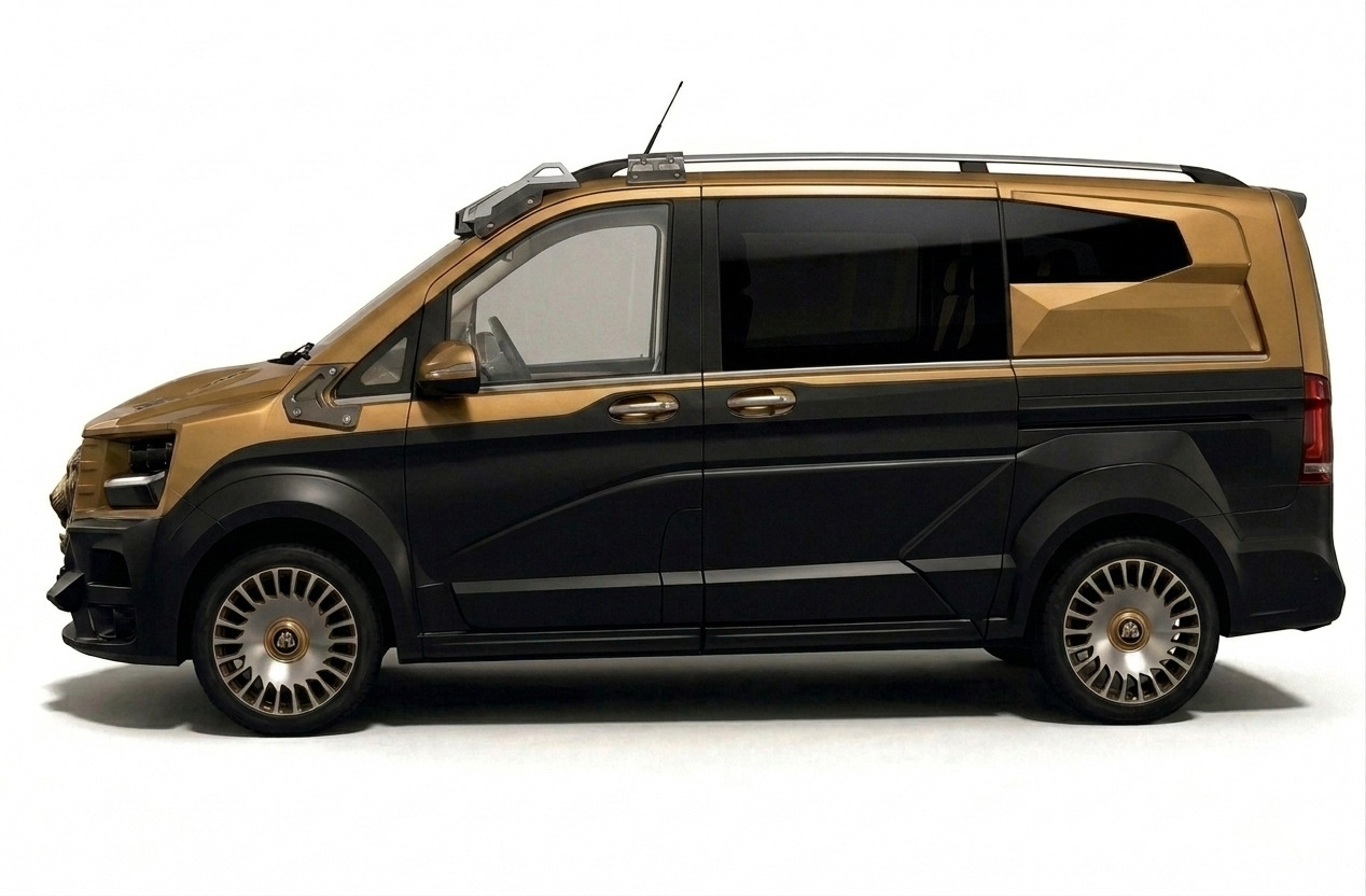 The DARTZ Pullman Shere Khan in profile: gold upper body over black, Maybach-style multi-spoke wheels and a roof light bar
